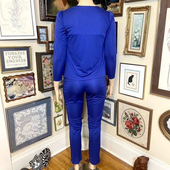 80s Vintage JCPenney Blue Polyester Jumpsuit and Jacket Set with Braided Trim - Picture 6 of 9